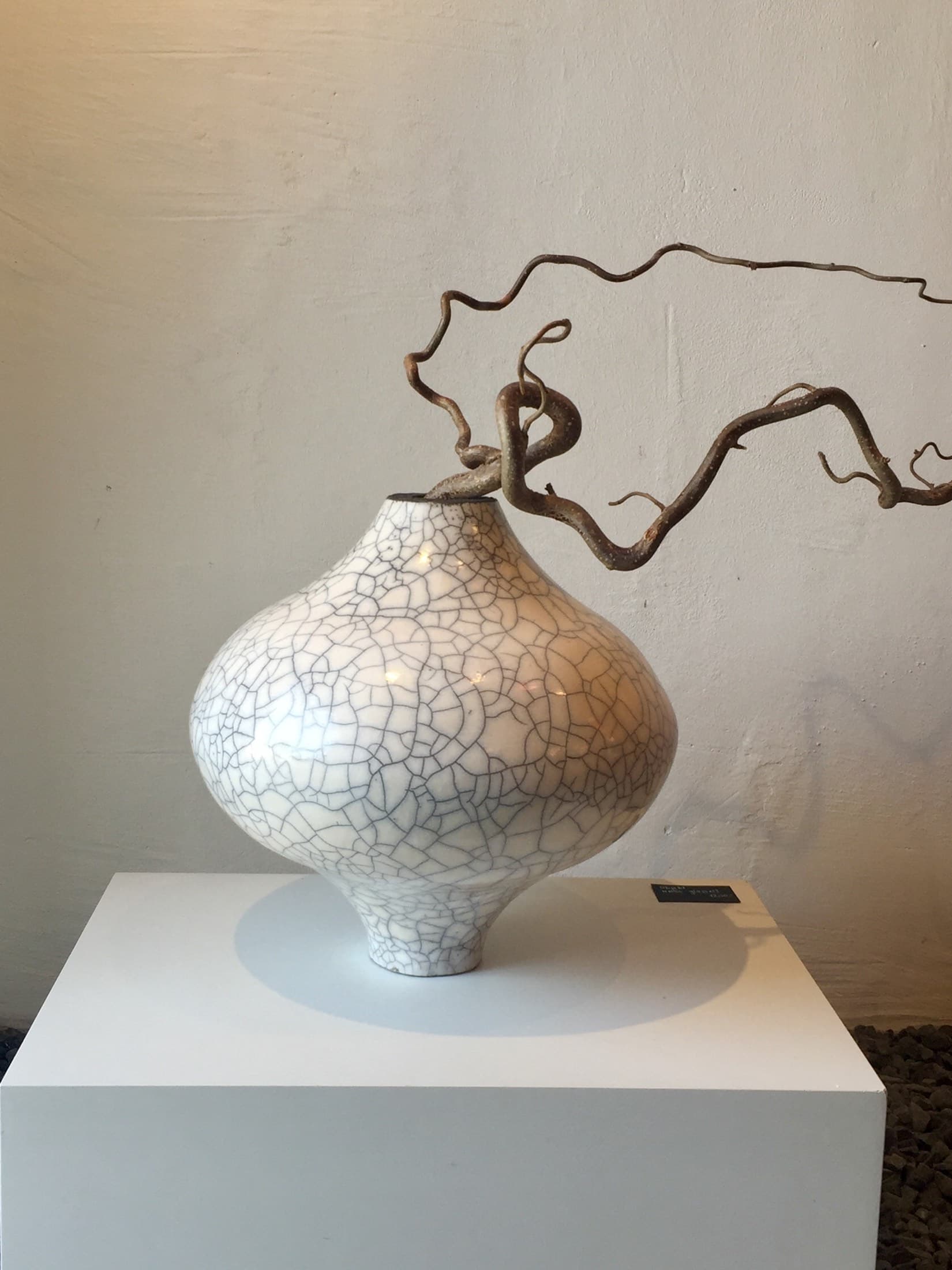 Zwiebelförmige Vase mit weissem Craquelé und Zweig