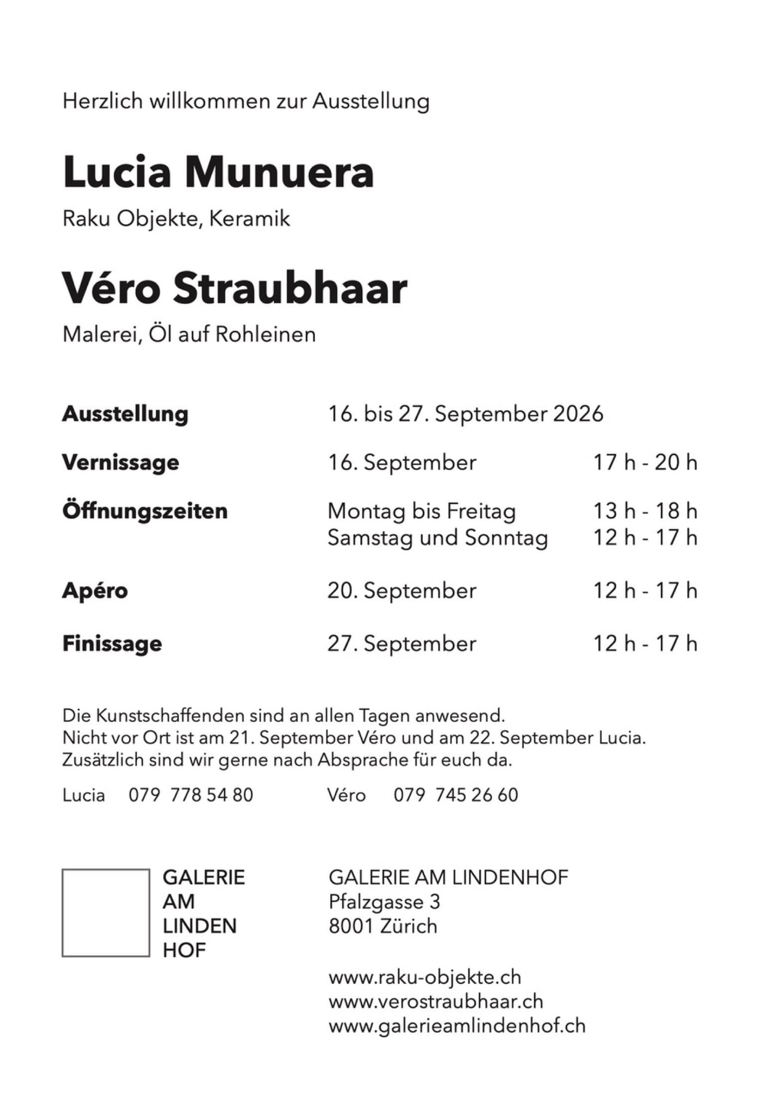 Invitation card for the exhibition at Galerie am Lindenhof with dates and opening hours